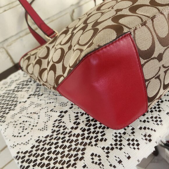 Like New Coach City Signature Khaki & Red Leather Shoulder Bag Purse Satchel - Picture 8 of 15